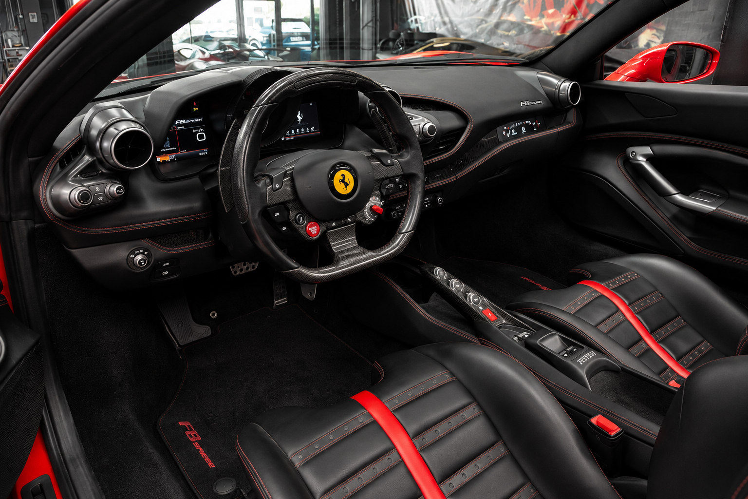 Ferrari F8 Spider cockpit, carbon steering wheel and seats
