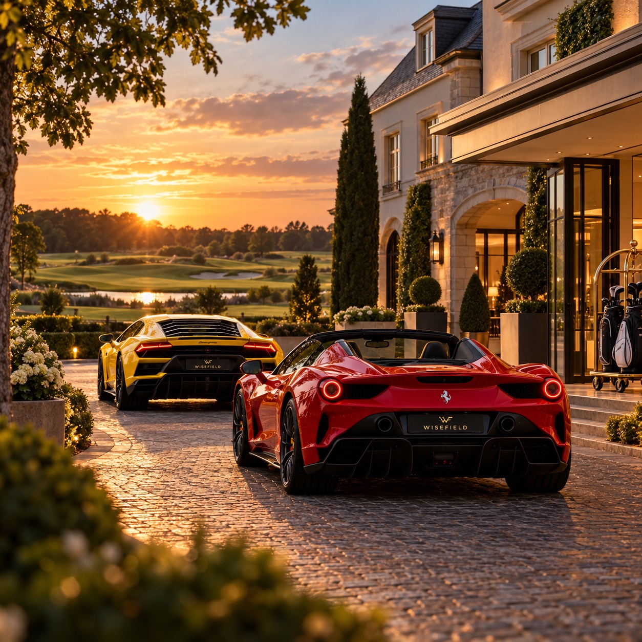 Two supercars outside a hotel at sunset — supplied Friends Experience image
