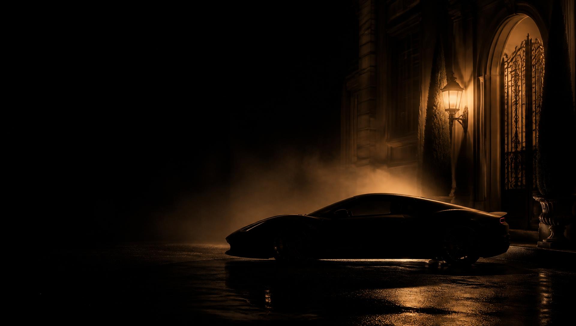 Supercar at night outside a private estate